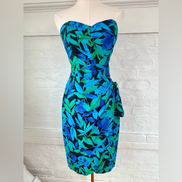 Vintage Dresses & Skirts - Vintage Byers Too 80’s Floral Strapless Dress Sweetheart Corset Tulip Side Tie